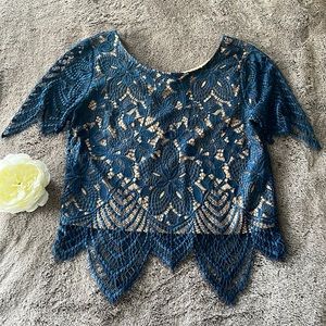 Express 💙 Dark Teal Lace Crop Top with Nude Lining, Small